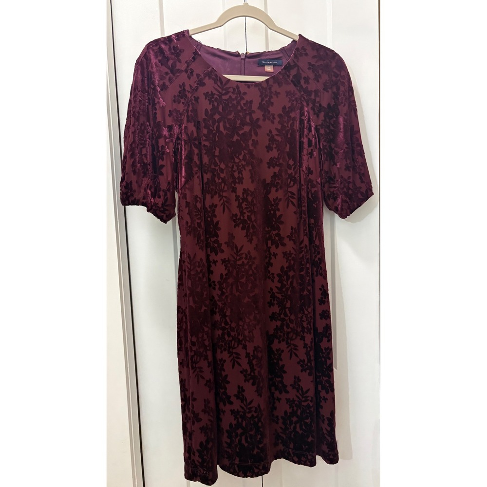 Tommy Hilfiger Women Burgundy Floral Burnout Velvet Puff Sleeve Sheath Dress 12